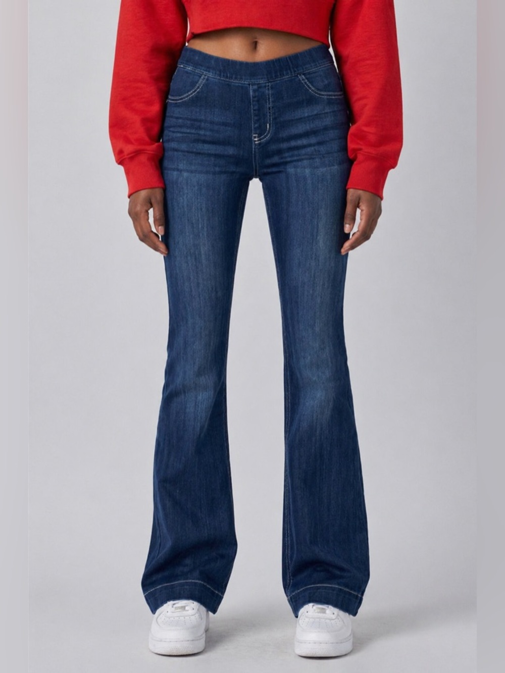 Blue Dark Wash Pull On Flare Ultra Stretchy Denim Jegging Long Jeans - Picture 6 of 12